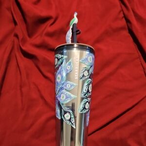 Starbucks Silver Tumbler with Peacock Feather Design in Blue and Green